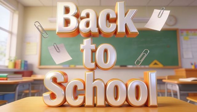 Shiny 3d back to school text on classroom desk with floating papers and clips