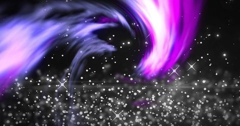 Magenta violet aurora ribbons flowing through cosmic bokeh field with sparkle star flares