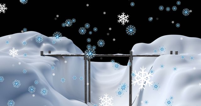 A serene winter scene with gentle snowflakes falling over snow-covered mounds and a rustic wooden bridge. Serve as an ideal concept for themes related to Christmas, winter holidays, and the beauty of the cold season. Use for greeting cards, holiday invitations, or as a decorative background for seasonal events and celebrations.