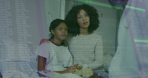 Mother Comforting Daughter During Medical Consultation with Digital Overlay