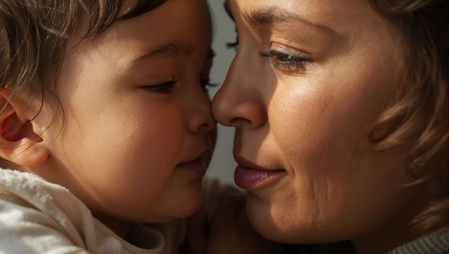 Tender nose-to-nose moment between mother and toddler sharing quiet intimate bond