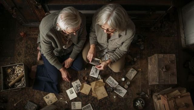 Senior sisters sorting vintage prints and keepsakes in attic, reminiscing family memories