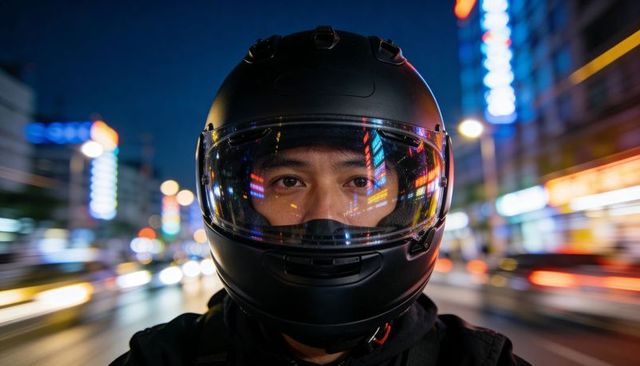 Neon-reflected visor motorcycle rider nighttime urban commuter close-up with motion blur