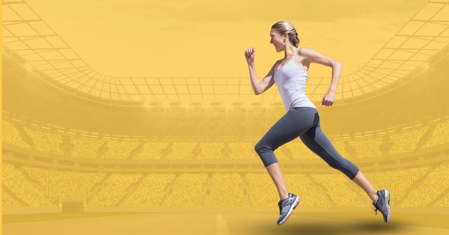 Digital composite of Side view of determined female athlete running at stadium