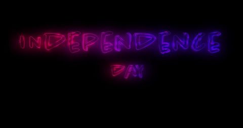 Stylish dark backdrop illuminated by neon Independence Day text in red and blue.