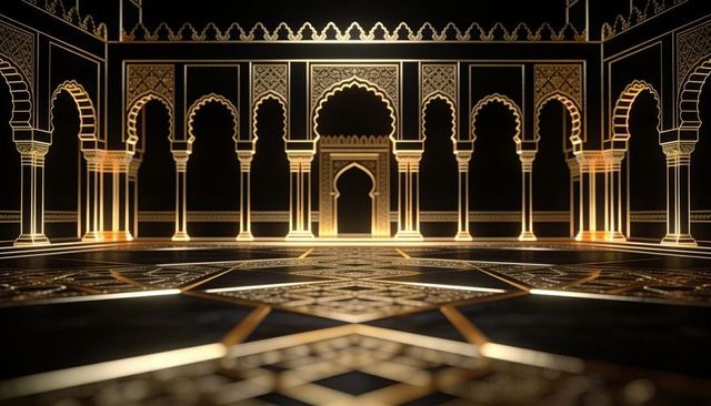 Gilded moorish palace interior with horseshoe arches fluted columns geometric mosaic floor