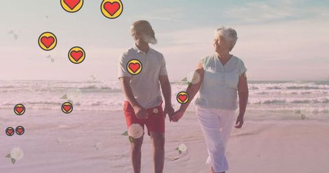 Senior Couple Strolling Beach Romance with Falling Heart Icons