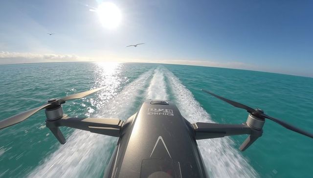Low-altitude quadcopter flying over turquoise ocean leaving foamy wake and sun glare