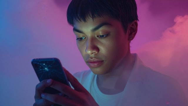 Young Asian Male Engaged with Cracked Smartphone in Vibrant Neon Light