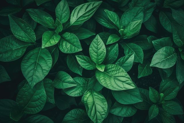 Close up of multiple green leaves background, created using generative ai technology. Nature, pattern and texture concept digitally generated image.