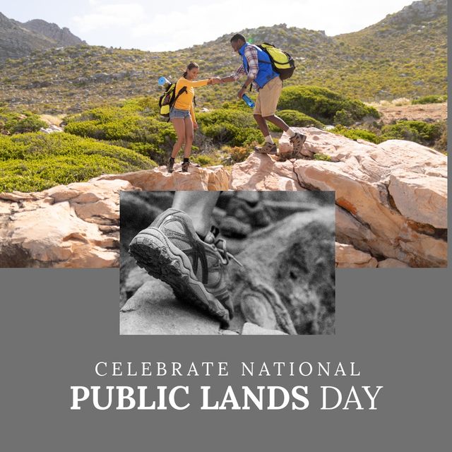 Multiracial hikers helping each other with celebrate national public lands day text, copy space. Digital composite, celebration, conservation of public lands, volunteering, enjoyment, nature.
