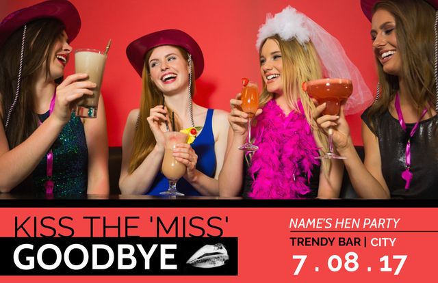 Celebrating a bachelorette party, a group of women enjoying cocktails, radiates joy and friendship. Ideal for hen party invitations or promoting ladies' night events at bars and clubs.