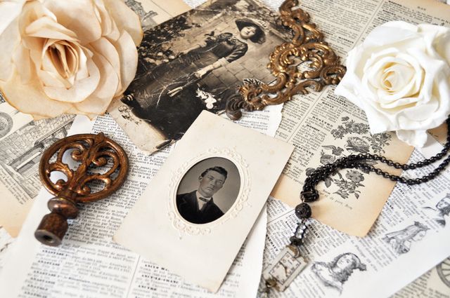 Vintage Memories with Old Photos, Roses, and Antique Decor - Download Free Stock Photos Pikwizard.com