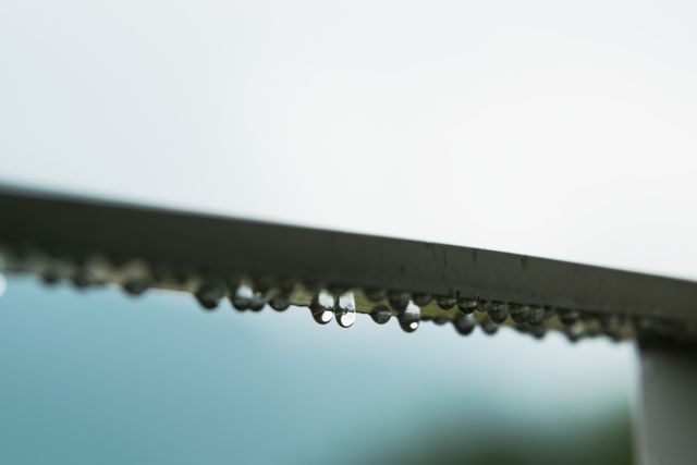 Water droplets hanging from a metal blade create a serene and atmospheric shot of nature's aftermath after rain. Perfect for use in environmental campaigns, relaxation and meditation themes, water resource management promotions, and designs needing a calm, introspective visual element.