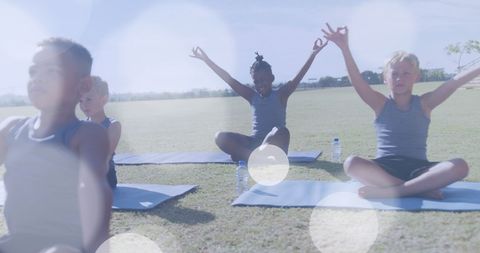 children practicing yoga outdoors in a happy group setting - Download Free Stock Images Pikwizard.com