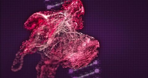 Swirling magenta particle cloud drifting over neon purple grid with luminous filaments