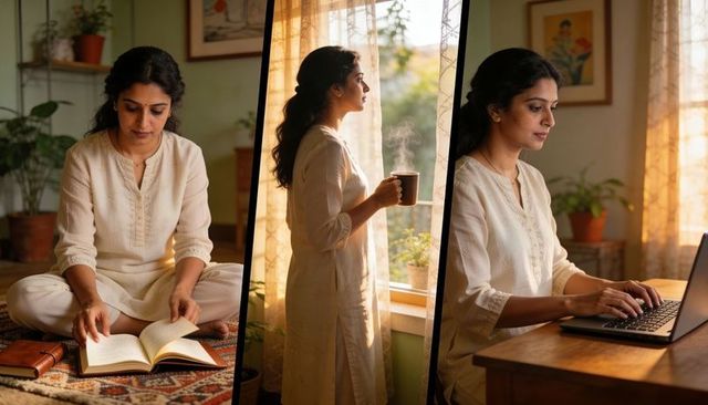 Woman reading, sipping steaming mug and typing on laptop in sunlit cozy minimalist home