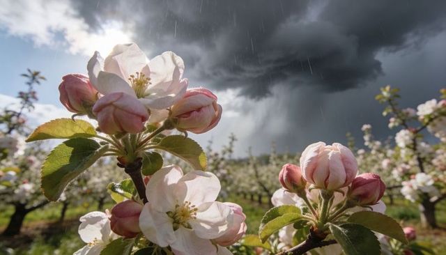 Glowing apple blossom cluster catching sunbeams in orchard while storm clouds gather and raindrops f
