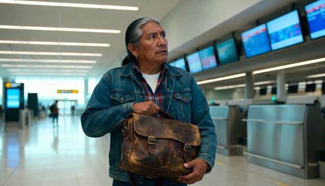 Mature traveler holding vintage leather satchel at modern airport check-in terminal