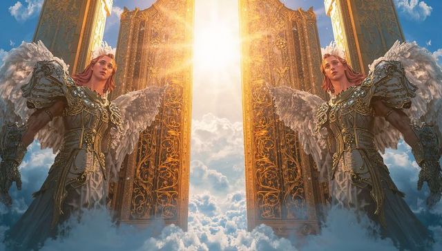 Winged Celestial Guardians Standing Before Radiant Golden Gates