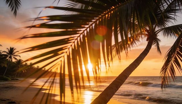 Golden tropical sunset framing leaning coconut palm and silhouetted fronds over shoreline