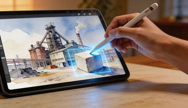 Artist selecting 3d rendered cube on tablet with stylus over watercolor industrial sketch