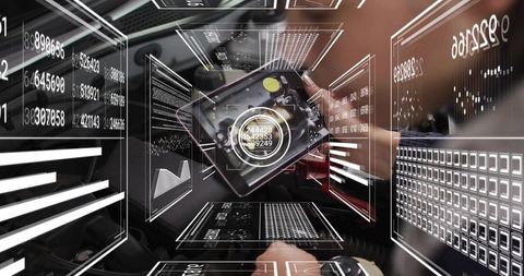 Technician inspecting hard drive with augmented reality hud, diagnostics and data overlays