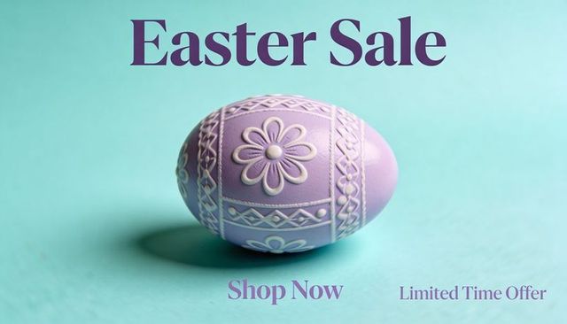 Lavender embossed easter egg on pastel turquoise background with easter sale text