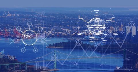 Cityscape with Digital Financial Data and Business Analytics Overlay