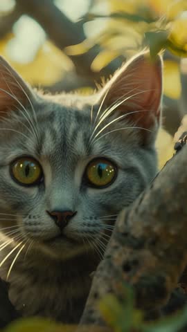 Panning vertical video of grey tabby emerging from tree foliage, blinking and tilting head