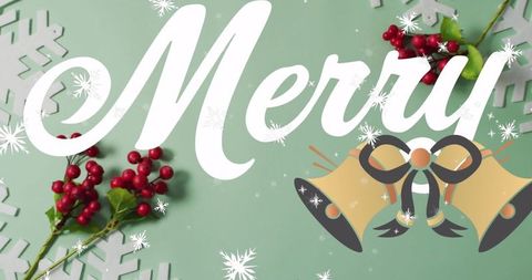 Festive merry greetings with snowflakes and bells