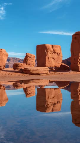 Shifting Sandstone Cubes Settling on Desert Floor Reflecting in Calm Pool Vertical Video