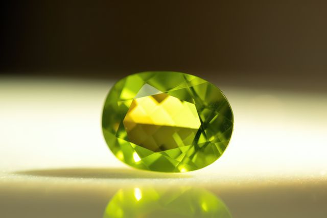 Close-up of a glimmering green peridot gemstone with an intricate oval cut. The peridot radiates vibrant colors and reflections, making it suitable for use in jewelry advertisements, luxury item promotions, or educational materials on minerals and gemstones.