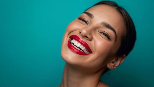 Radiant laughing woman closeup red lipstick teal background glamour beauty headshot