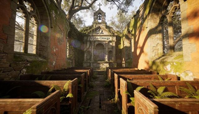 Sunlit ruined chapel interior with alpha-omega altar, overgrown pews and ivy