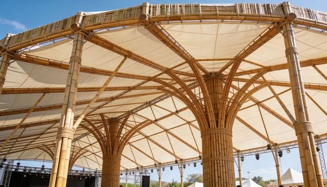 Bamboo canopy pavilion spanning open-air festival stage with woven column arches