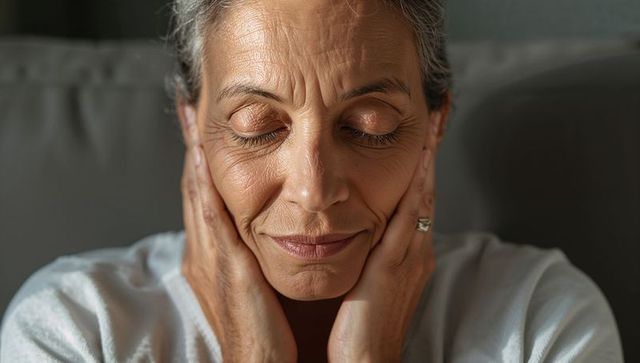 Senior woman resting with closed eyes cupping face in soft natural light