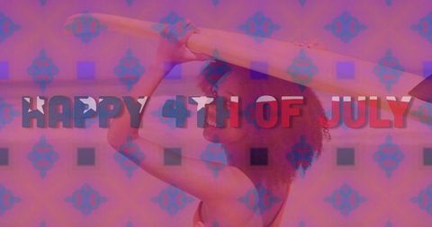 Dynamic woman celebrating july 4th with patriotic overlay