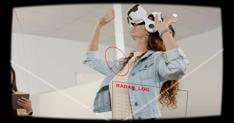 Young woman experiencing immersive vr demo with radar hud and tablet in modern tech space