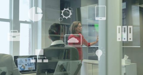 Data Analysis Presentation in Modern Office with Digital Overlays