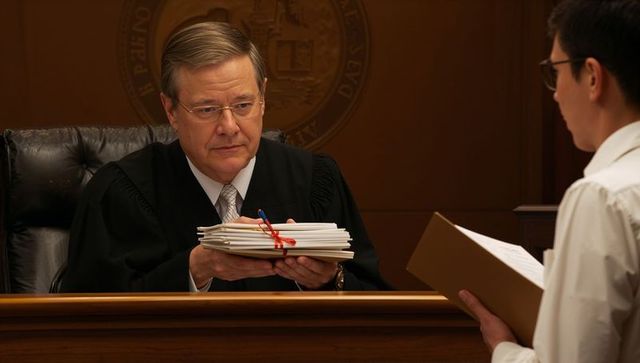 Respectful judge handing ribbon-tied legal files to clerk across formal courtroom bench