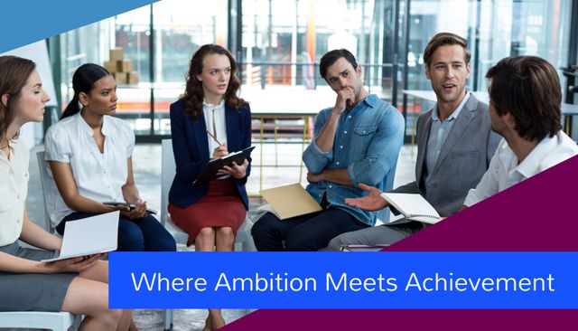 Business professionals sitting in a modern office engaging in a collaborative team meeting with 'Where Ambition Meets Achievement' text overlay. Ideal for corporate communication, teamwork, and leadership themes in presentations, marketing material, and professional blogs.