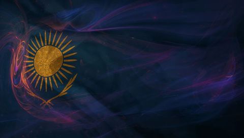 Glowing gold sun emblem anchoring left with crossed laurel, drifting purple smoke banner