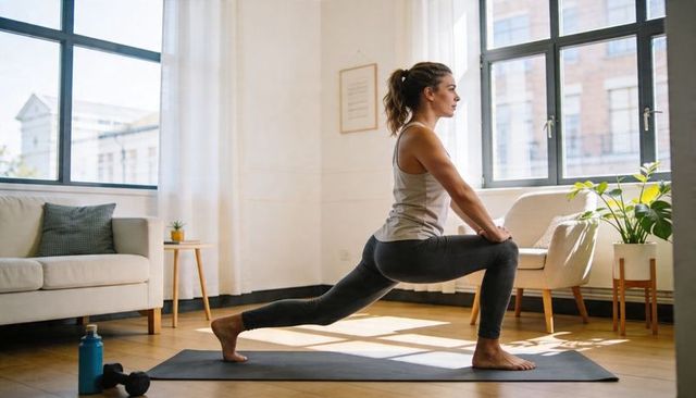 Sunlit minimalist apartment morning workout: woman holding forward lunge on mat with dumbbells