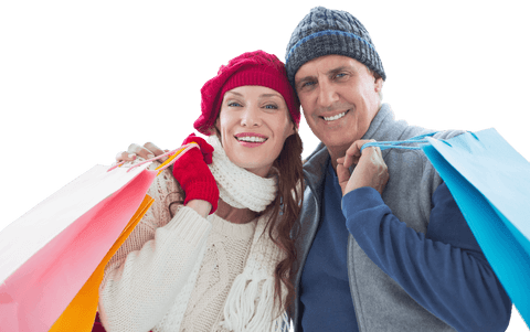 Happy Couple with Shopping Bags in Winter Attire Transparent Background