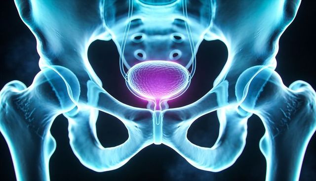 Anterior pelvic skeleton revealing purple urinary bladder and urethra medical 3D render