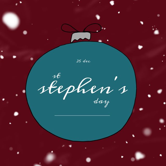 Perfect for holiday greetings or event invitations, this festive design features St. Stephen's Day text on a bauble with a snowy red background. Ideal for creating Christmas decorations, social media posts, or winter-themed banners.