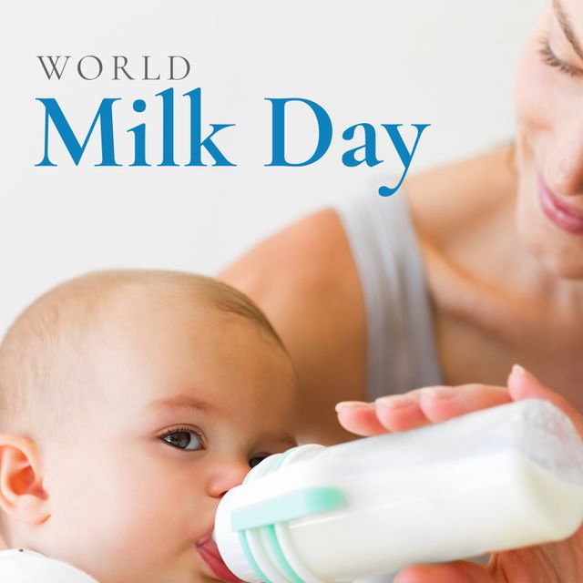 Smiling Mother Feeding Milk Bottle to Baby Celebrating World Milk Day - Download Free Stock Templates Pikwizard.com