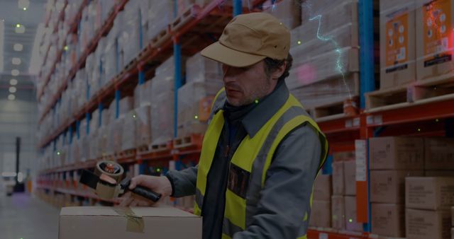 Worker wearing high-visibility vest and cap is scanning a box in a large warehouse with shelves stacked with numerous boxes. Ideal for illustrating themes related to logistics, inventory management, warehouse operations, and supply chain processes.