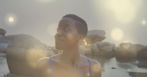 Tranquil Woman Strolling Amidst Scenic Seaside